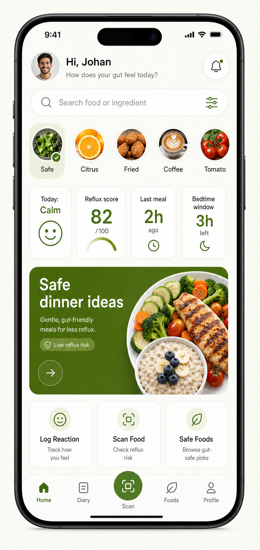 Reflu safe meal suggestions screen