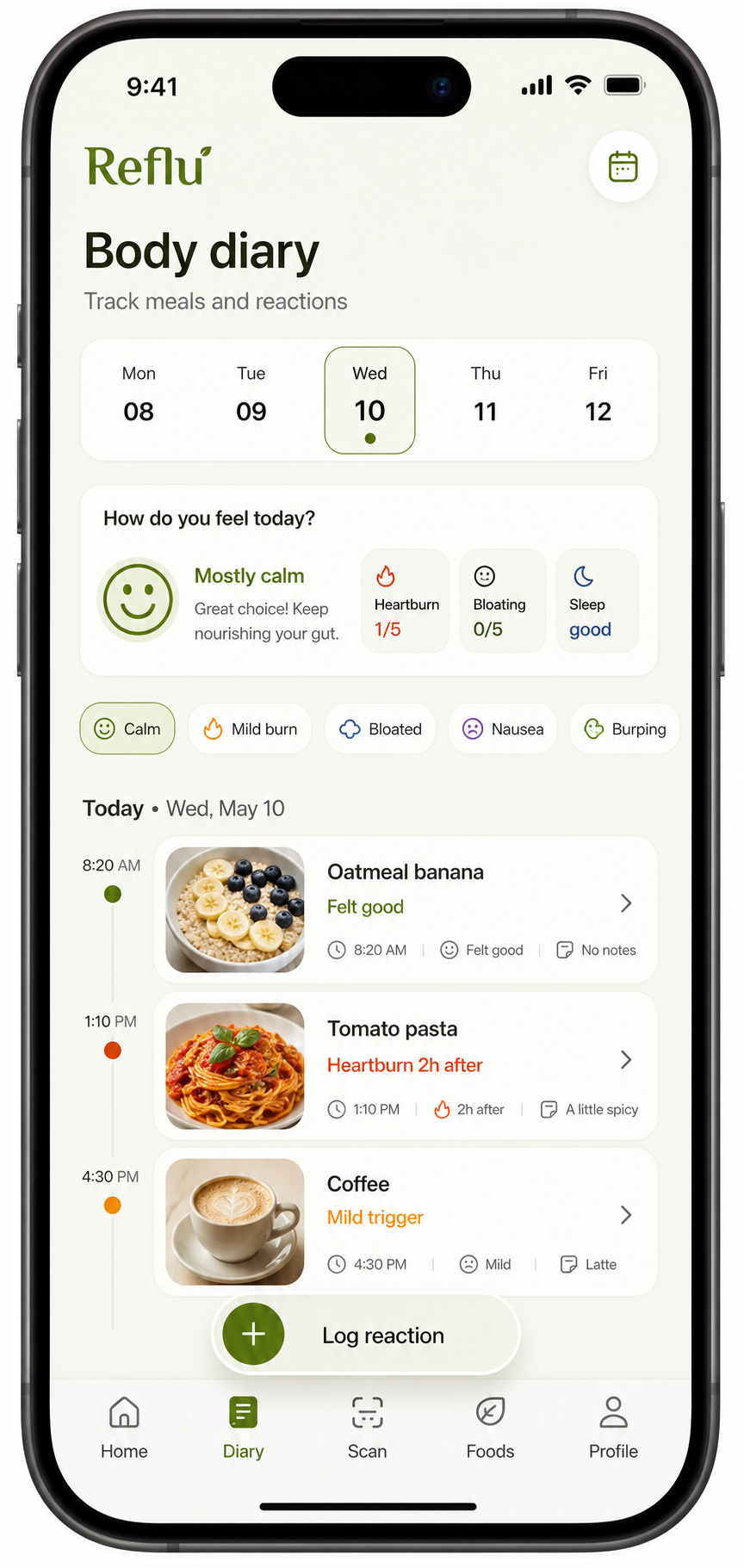 Reflu food and symptom diary screen