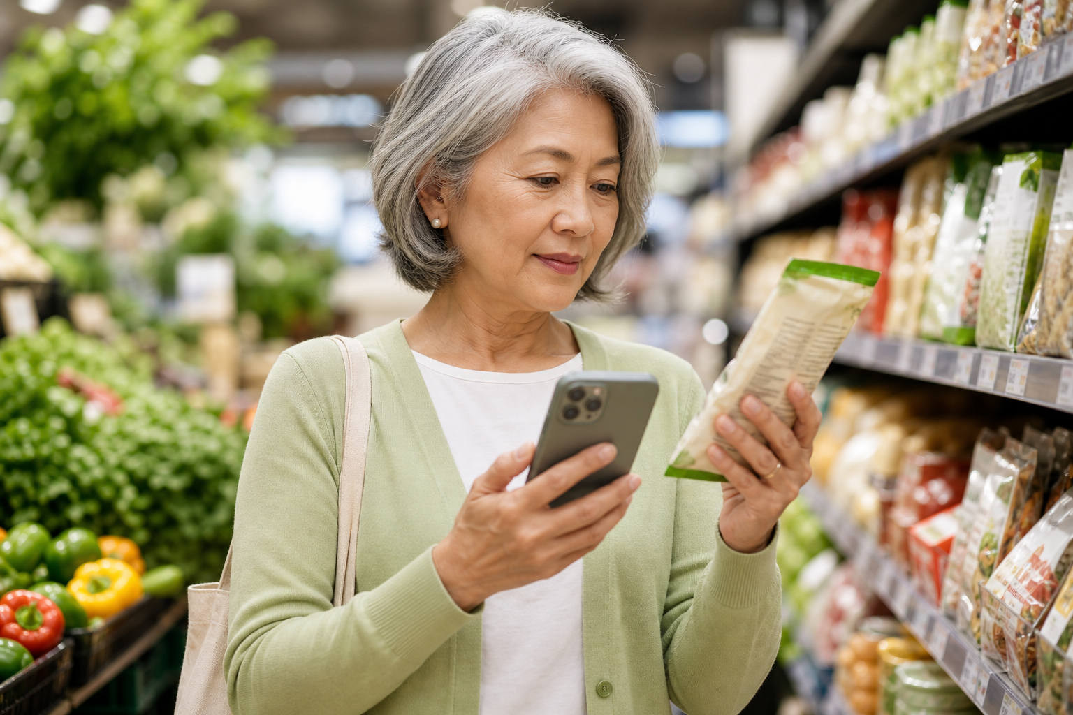 Woman checking a grocery label
