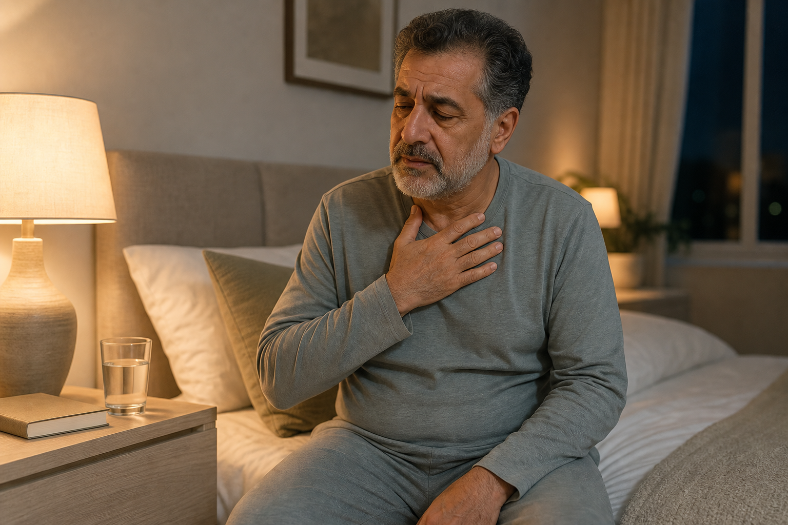 Woman with night reflux discomfort